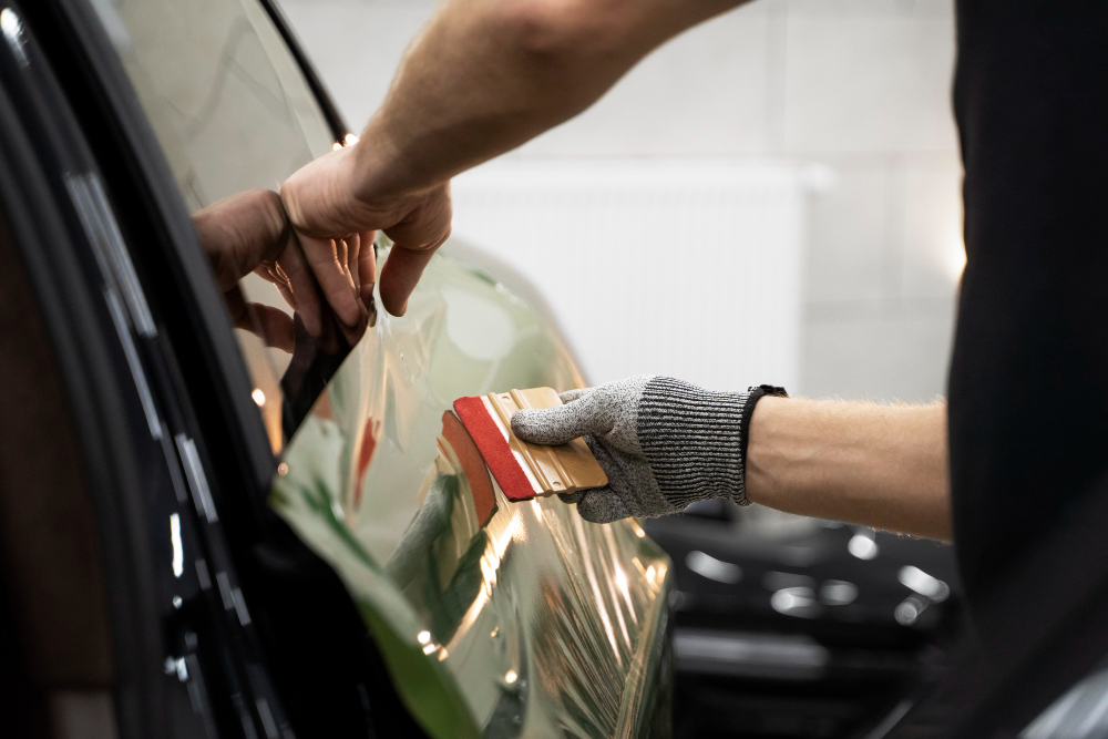 person working car wrapping